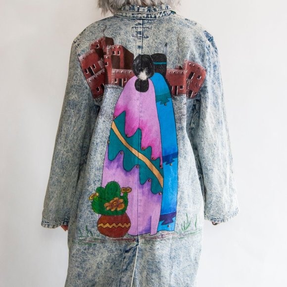 80s Acid Wash Hand Painted Southwestern Duster L L - Picture 1 of 11